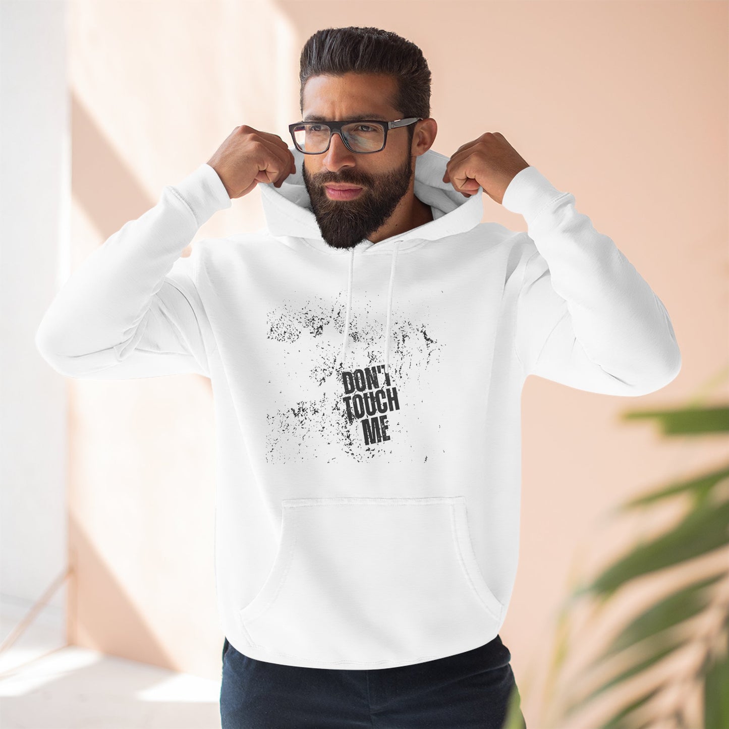 Stylish Three-Panel Fleece Hoodie, Cozy Wear, Graphic "DON'T TOUCH ME" Sweatshirt, Trendy Apparel, Casual Gift, Seasonal Layer