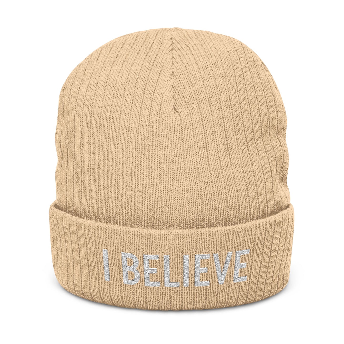 I Believe Ribbed Knit Beanie – Embroidered Cuffed Winter Hat