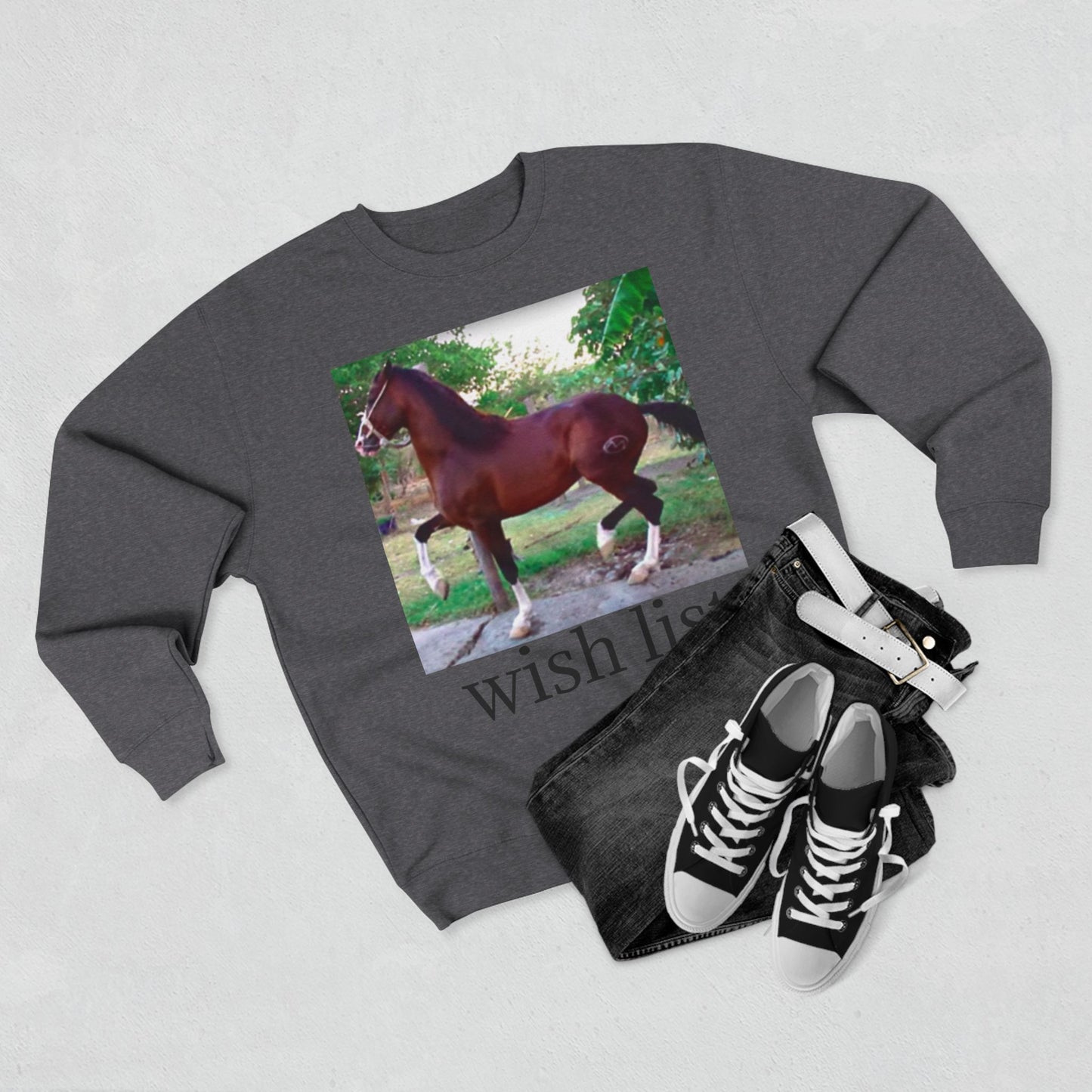 Whimsical Horse Sweatshirt for Animal Lovers, Cozy Crewneck, Gift for Equestrian Friends, Birthday Present, Funny Wish List Apparel