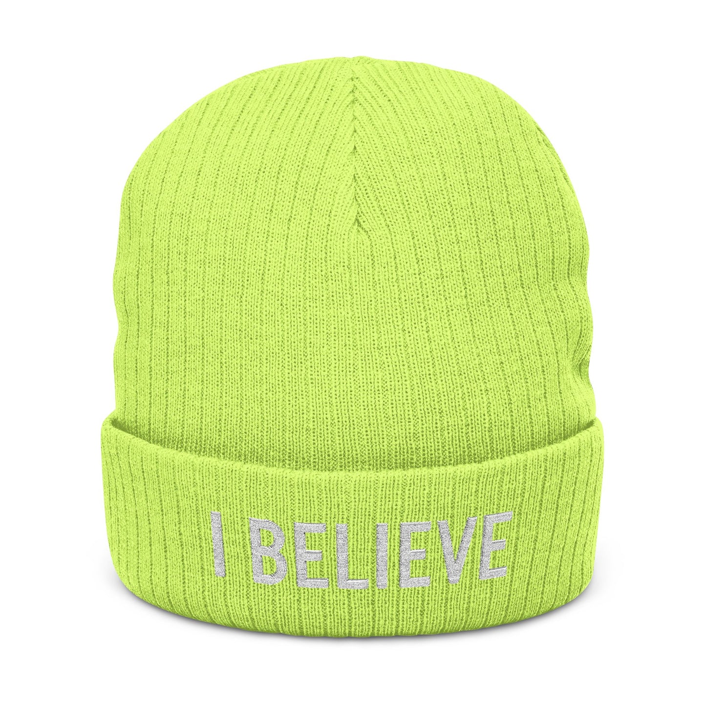 I Believe Ribbed Knit Beanie – Embroidered Cuffed Winter Hat