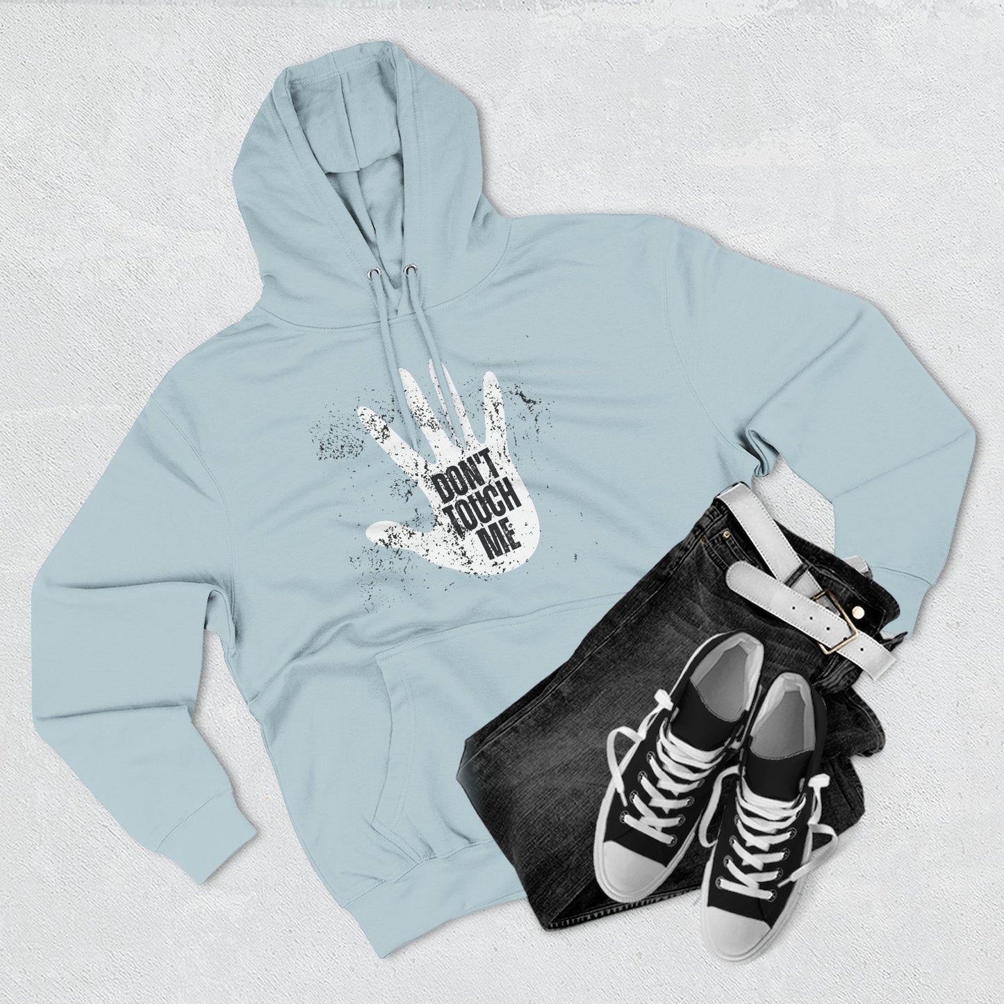 Stylish Three-Panel Fleece Hoodie, Cozy Wear, Graphic "DON'T TOUCH ME" Sweatshirt, Trendy Apparel, Casual Gift, Seasonal Layer