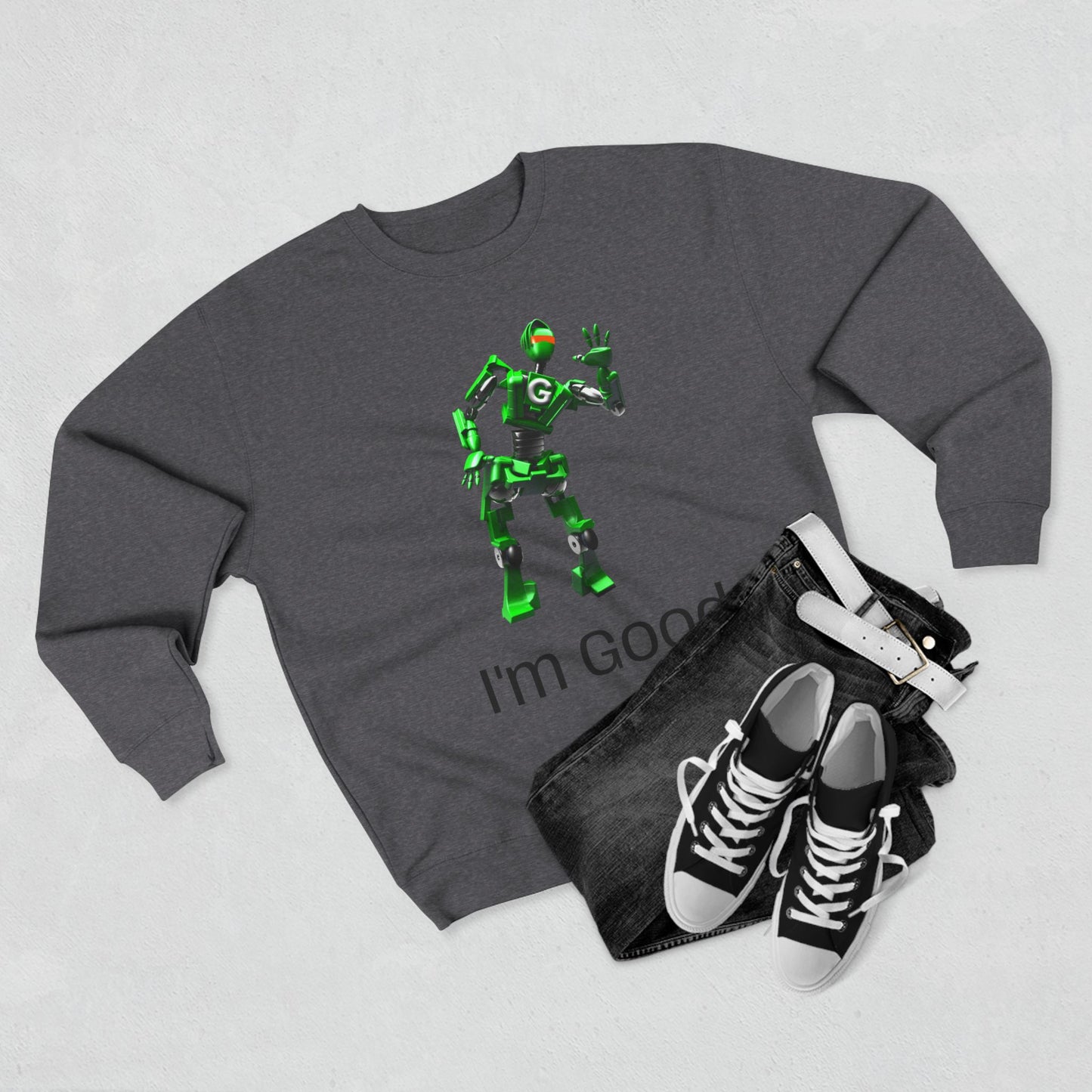 Fun Unisex Crewneck Sweatshirt with 'I'm Good' Robot Design | Casual Wear for Kids & Adults, Gift Idea for Birthdays & Holidays