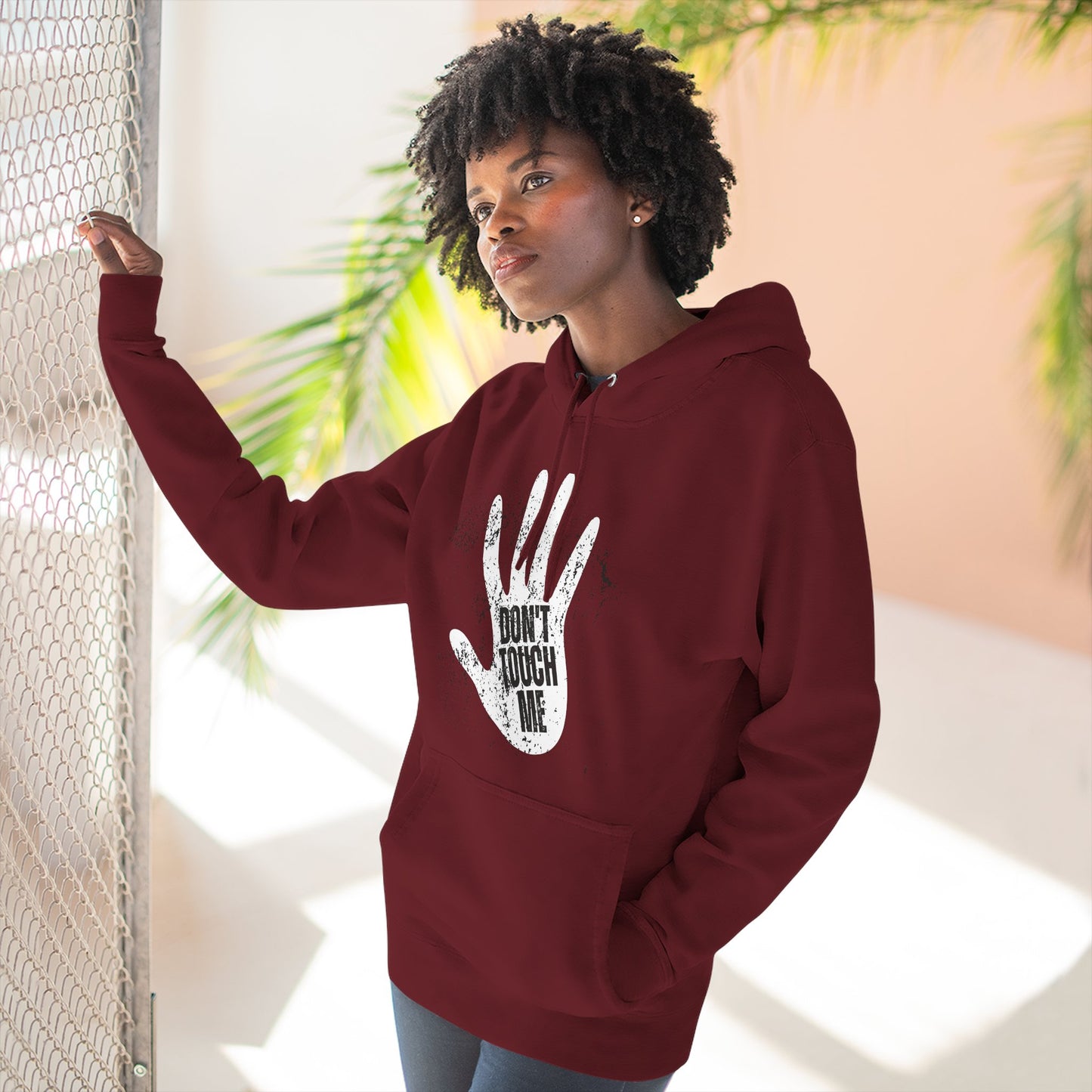 Stylish Three-Panel Fleece Hoodie, Cozy Wear, Graphic "DON'T TOUCH ME" Sweatshirt, Trendy Apparel, Casual Gift, Seasonal Layer
