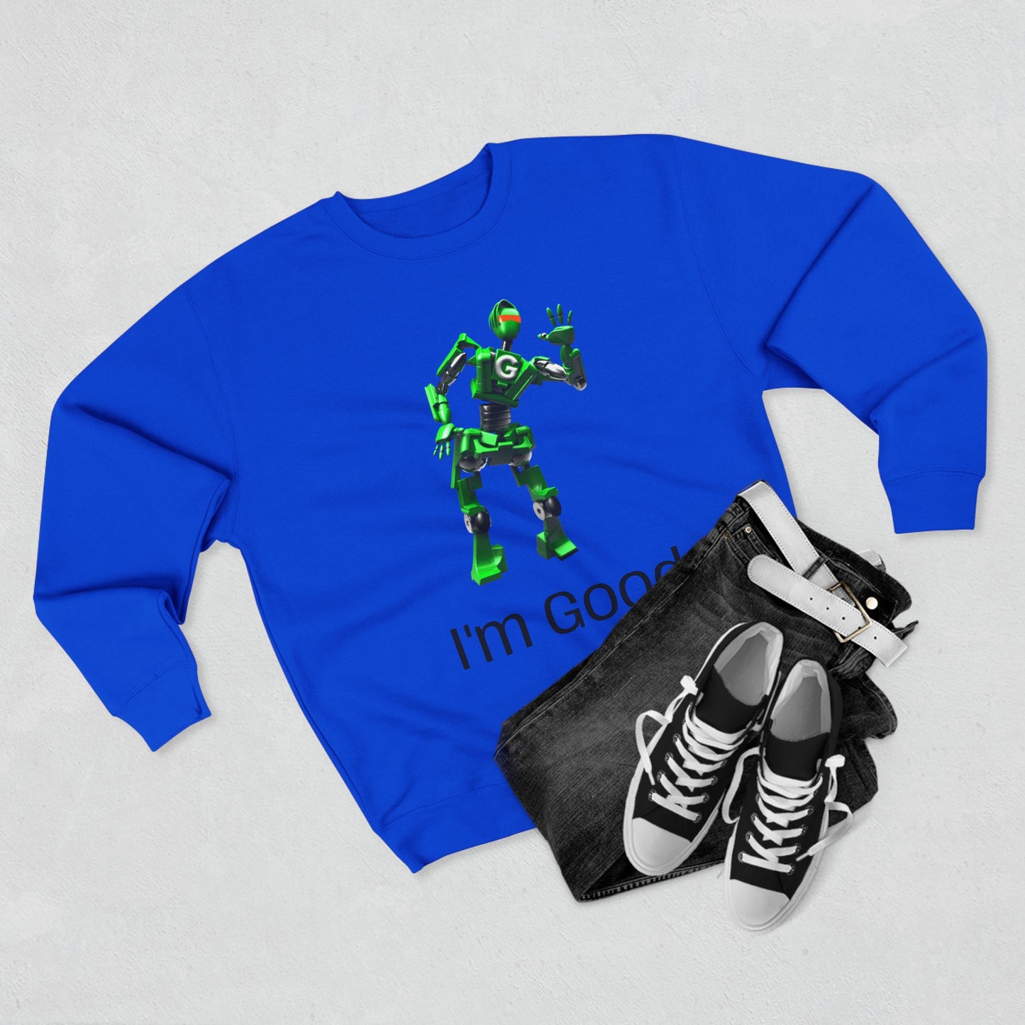 Fun Unisex Crewneck Sweatshirt with 'I'm Good' Robot Design | Casual Wear for Kids & Adults, Gift Idea for Birthdays & Holidays