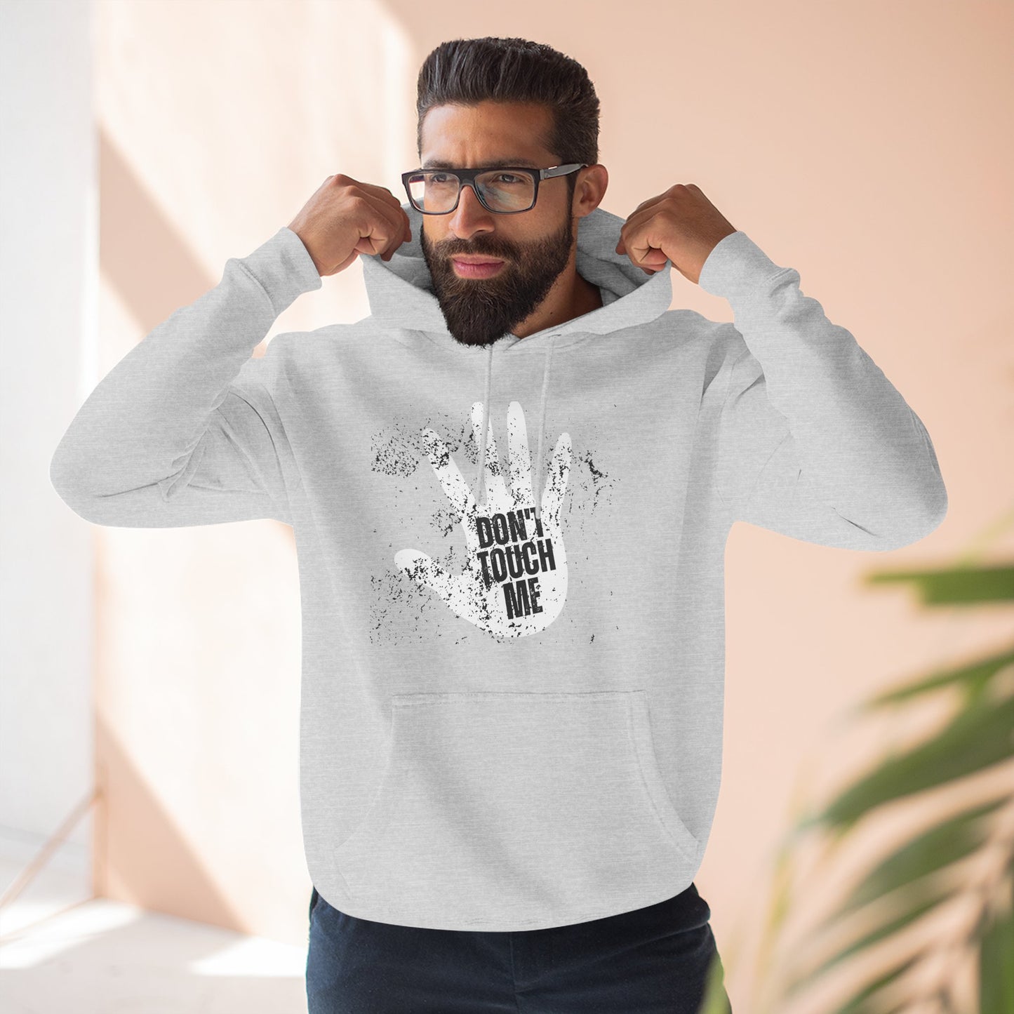 Stylish Three-Panel Fleece Hoodie, Cozy Wear, Graphic "DON'T TOUCH ME" Sweatshirt, Trendy Apparel, Casual Gift, Seasonal Layer