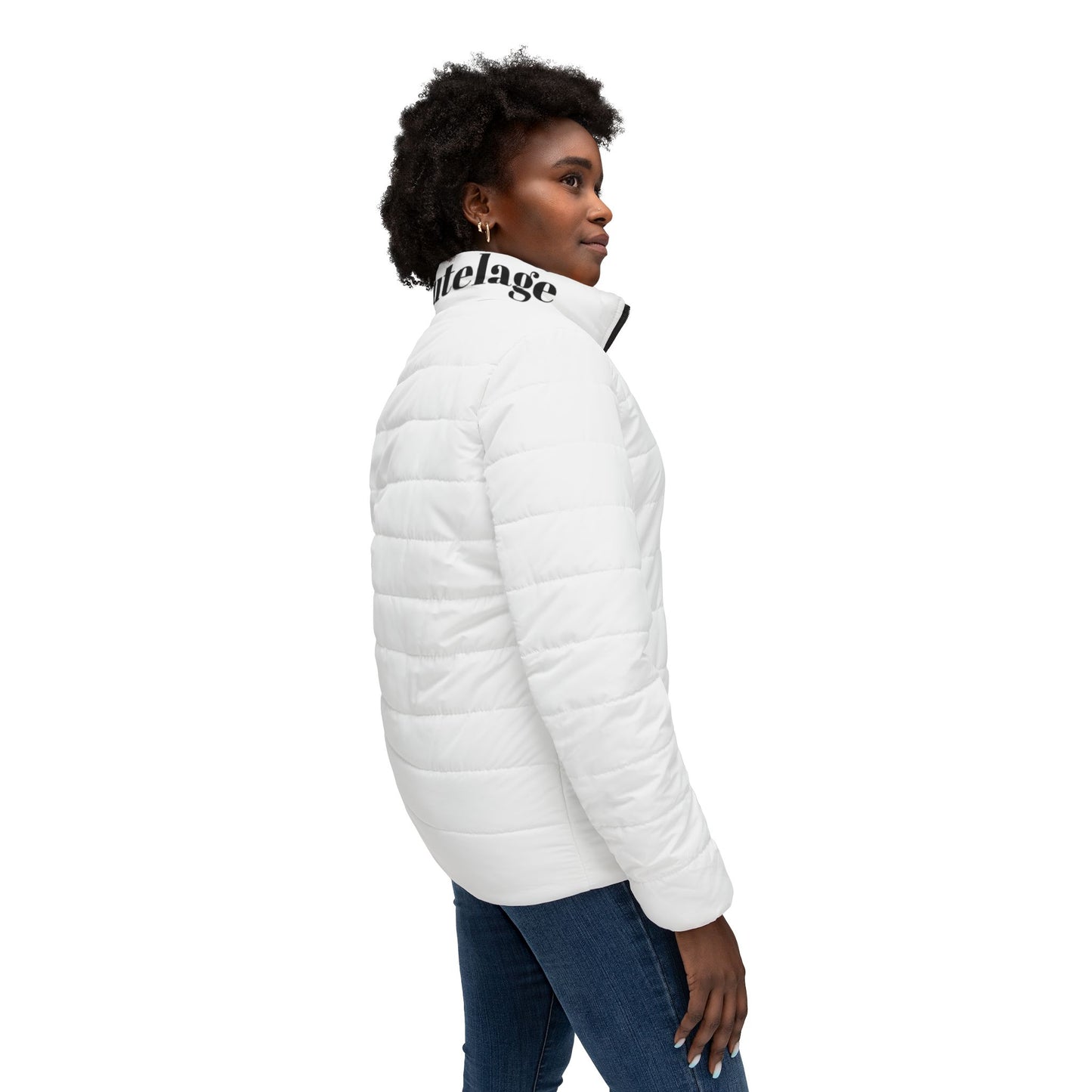 Skills Tutelage's women’s Puffer Jacket — Minimal White Quilted Coat with Branded Collar