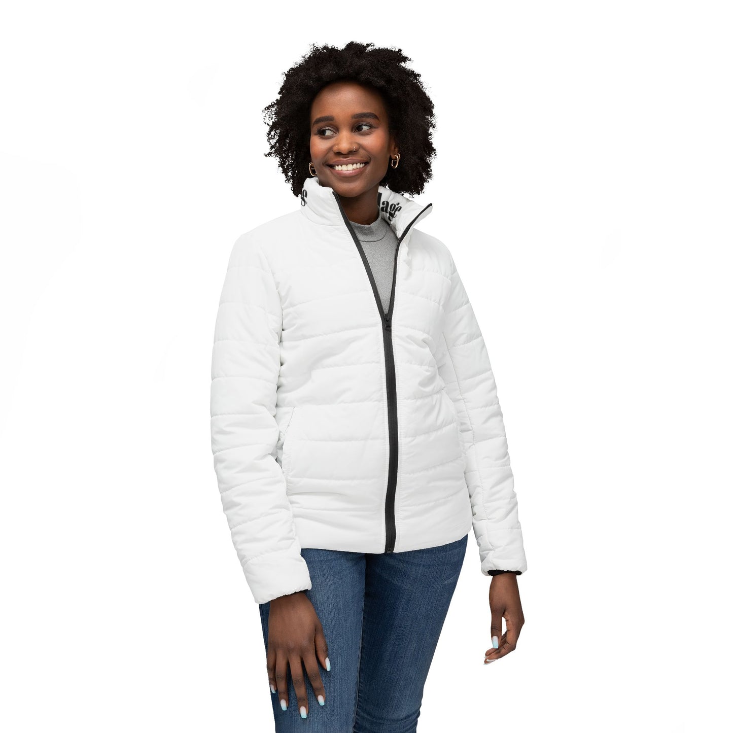 Skills Tutelage's women’s Puffer Jacket — Minimal White Quilted Coat with Branded Collar