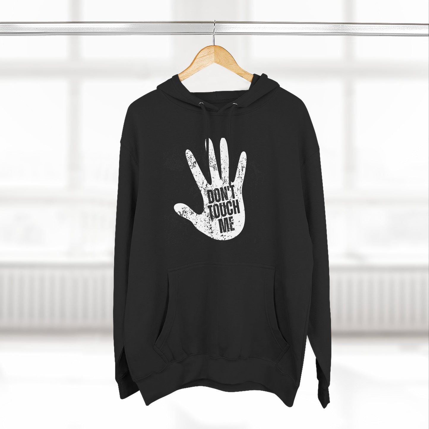 Stylish Three-Panel Fleece Hoodie, Cozy Wear, Graphic "DON'T TOUCH ME" Sweatshirt, Trendy Apparel, Casual Gift, Seasonal Layer
