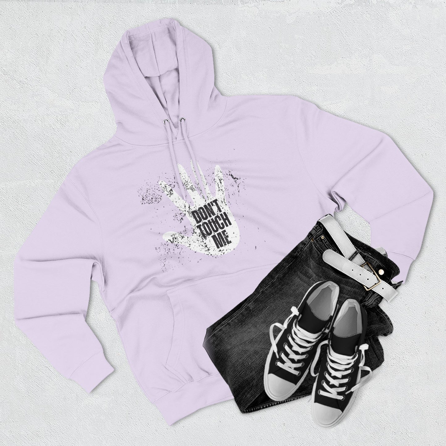 Stylish Three-Panel Fleece Hoodie, Cozy Wear, Graphic "DON'T TOUCH ME" Sweatshirt, Trendy Apparel, Casual Gift, Seasonal Layer