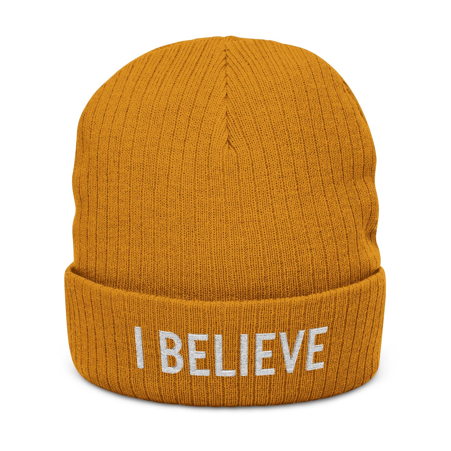 I Believe Ribbed Knit Beanie – Embroidered Cuffed Winter Hat
