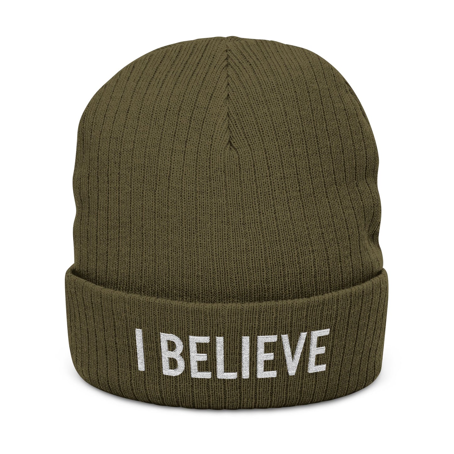 I Believe Ribbed Knit Beanie – Embroidered Cuffed Winter Hat