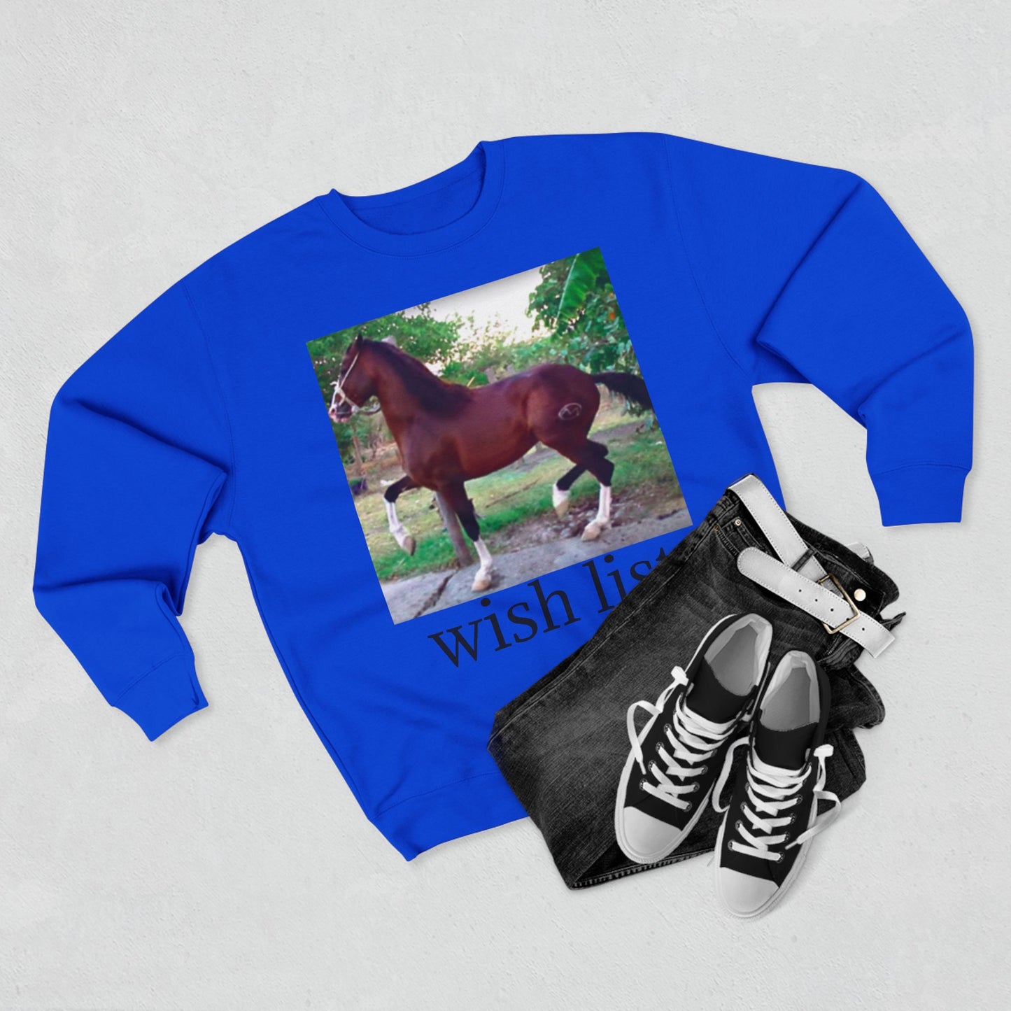 Whimsical Horse Sweatshirt for Animal Lovers, Cozy Crewneck, Gift for Equestrian Friends, Birthday Present, Funny Wish List Apparel