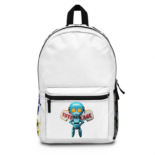 Tutelage Robot Collection Backpack — All Eight Robots & Mascot (Classic White, Minimal School & Travel)