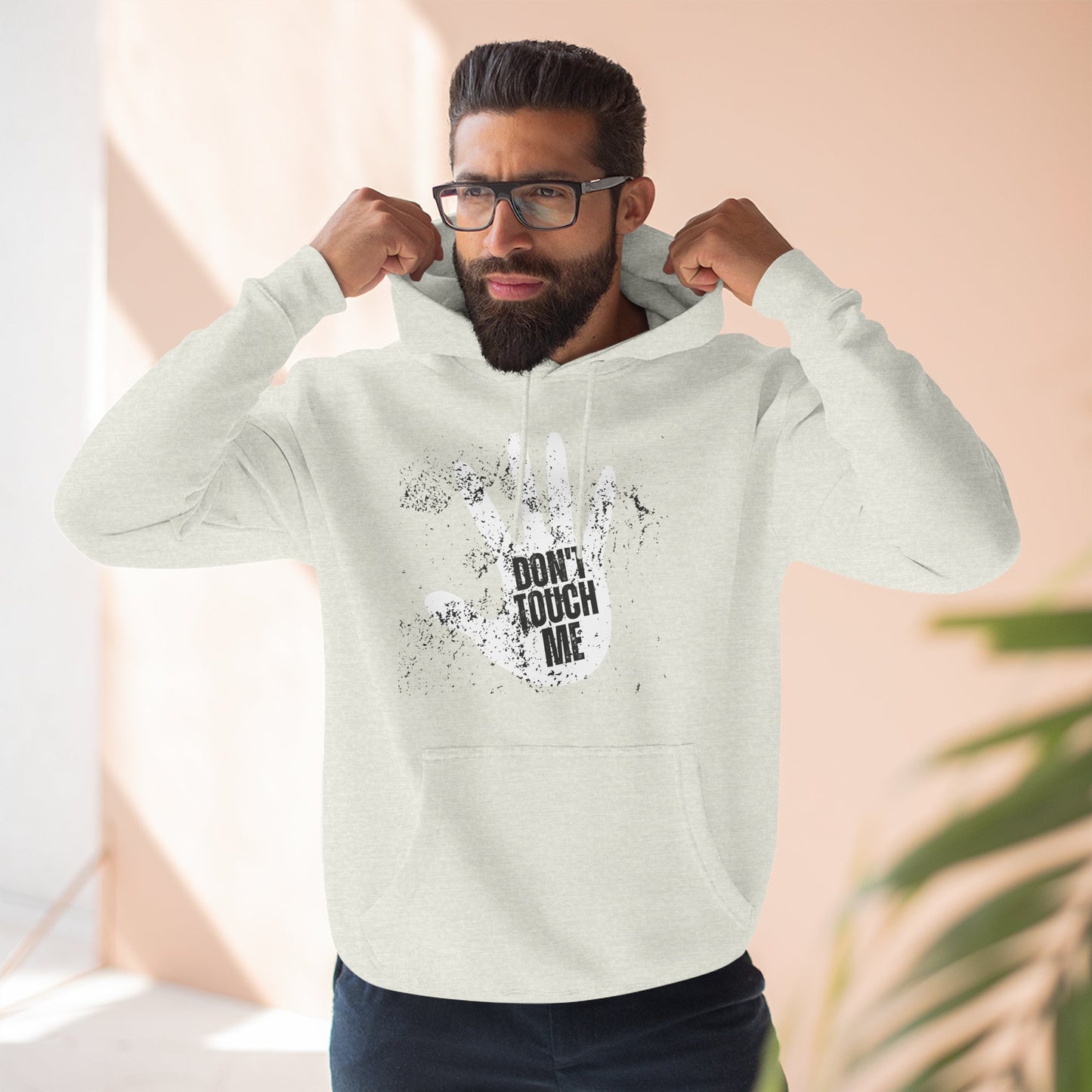Stylish Three-Panel Fleece Hoodie, Cozy Wear, Graphic "DON'T TOUCH ME" Sweatshirt, Trendy Apparel, Casual Gift, Seasonal Layer