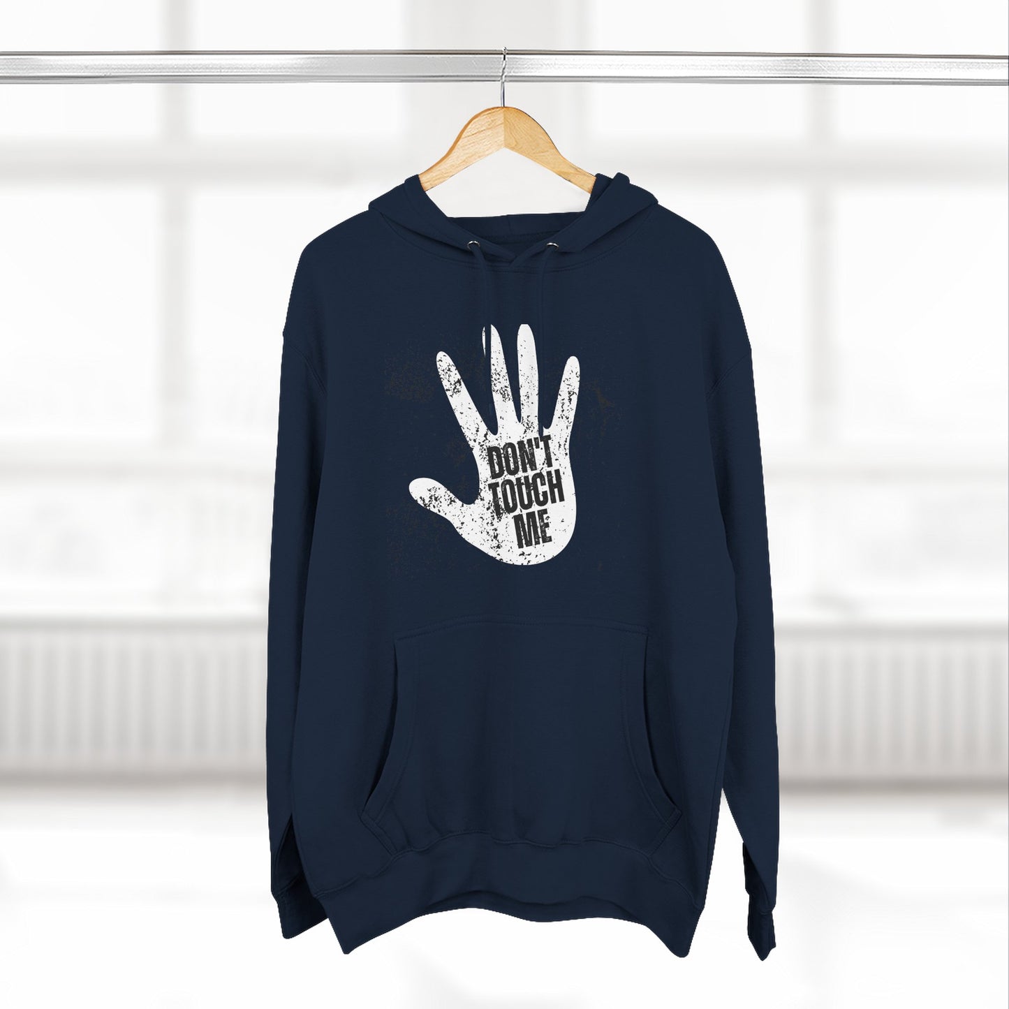 Stylish Three-Panel Fleece Hoodie, Cozy Wear, Graphic "DON'T TOUCH ME" Sweatshirt, Trendy Apparel, Casual Gift, Seasonal Layer