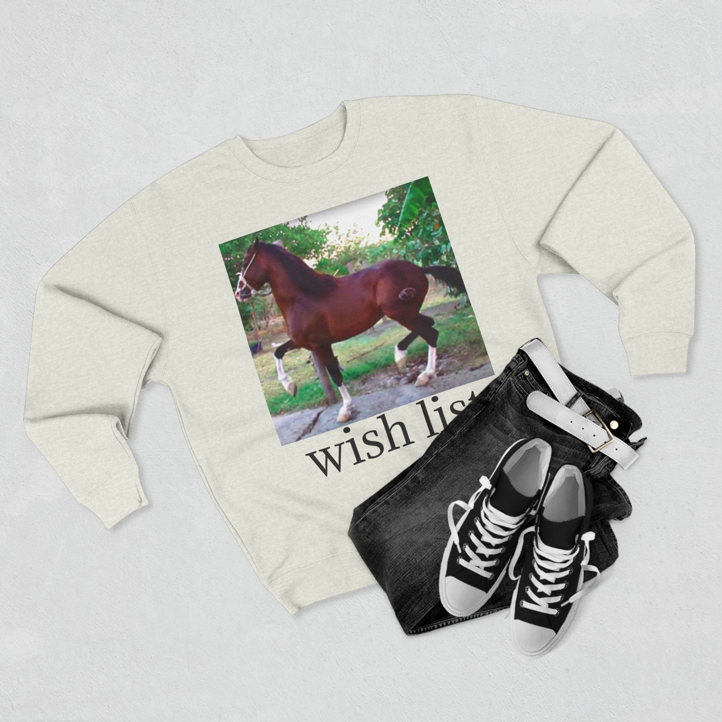 Whimsical Horse Sweatshirt for Animal Lovers, Cozy Crewneck, Gift for Equestrian Friends, Birthday Present, Funny Wish List Apparel