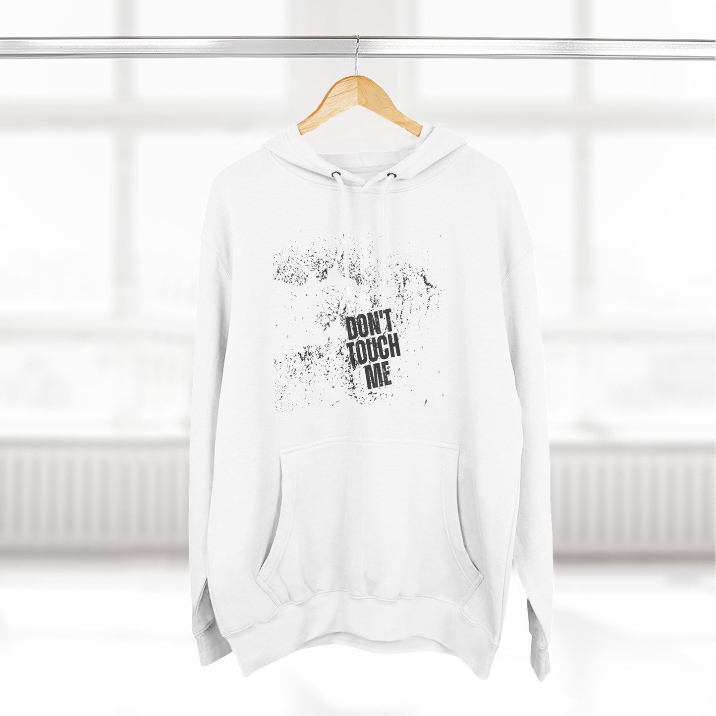 Stylish Three-Panel Fleece Hoodie, Cozy Wear, Graphic "DON'T TOUCH ME" Sweatshirt, Trendy Apparel, Casual Gift, Seasonal Layer