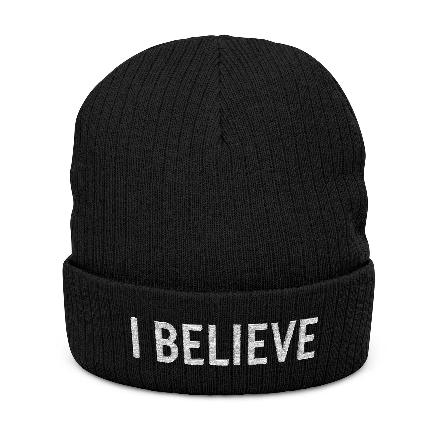 I Believe Ribbed Knit Beanie – Embroidered Cuffed Winter Hat