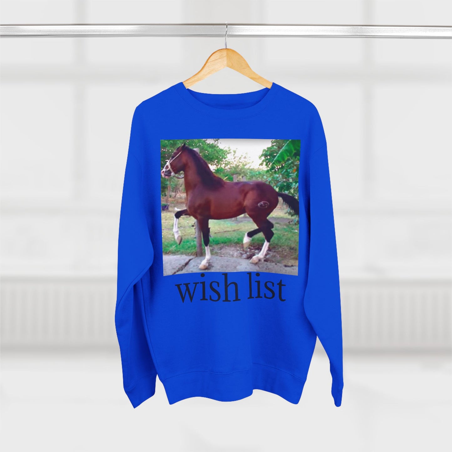 Whimsical Horse Sweatshirt for Animal Lovers, Cozy Crewneck, Gift for Equestrian Friends, Birthday Present, Funny Wish List Apparel