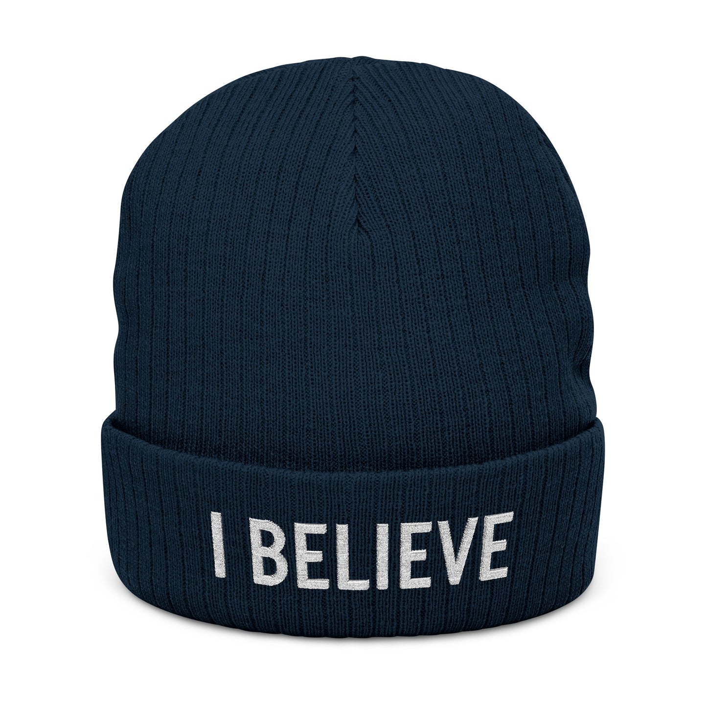 I Believe Ribbed Knit Beanie – Embroidered Cuffed Winter Hat