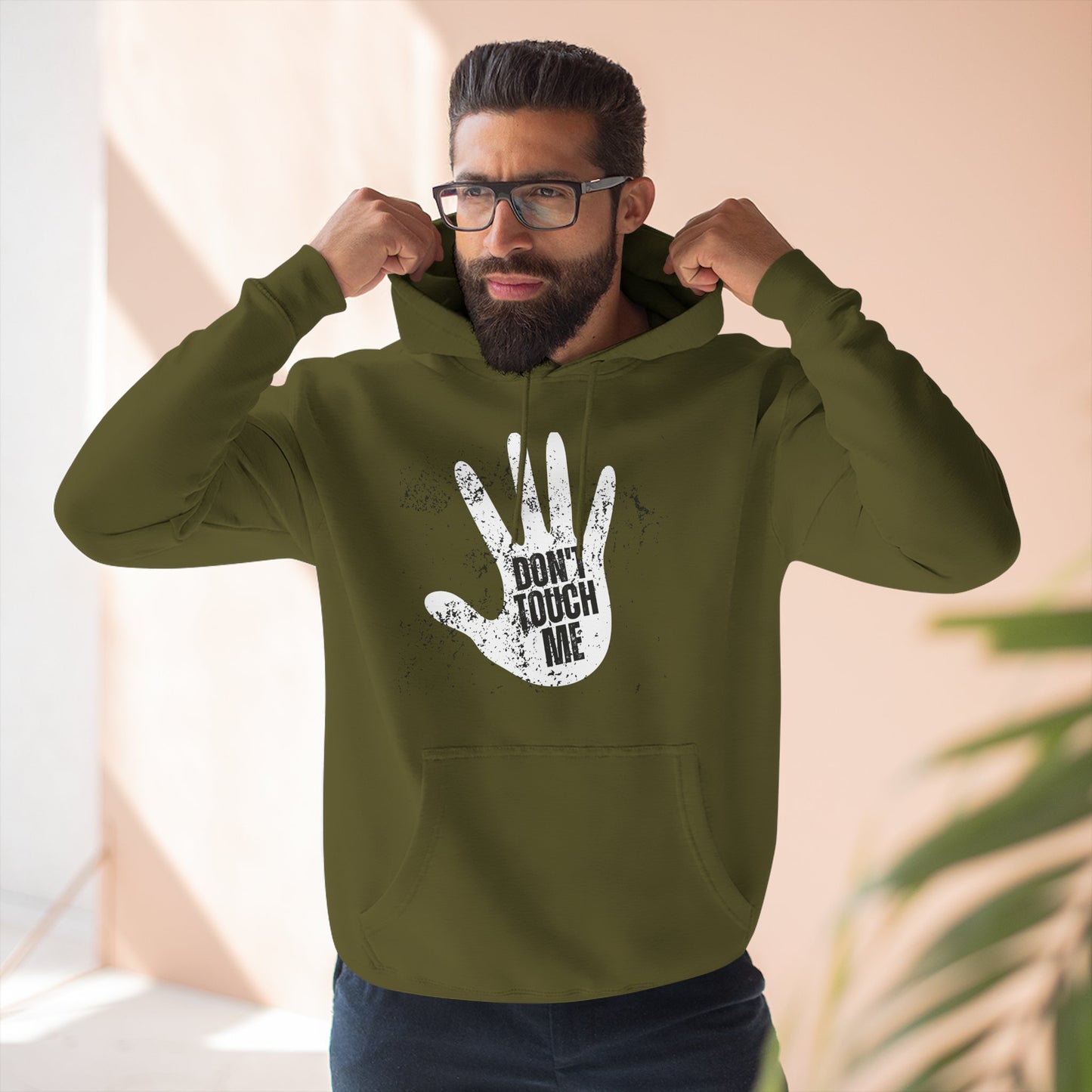 Stylish Three-Panel Fleece Hoodie, Cozy Wear, Graphic "DON'T TOUCH ME" Sweatshirt, Trendy Apparel, Casual Gift, Seasonal Layer