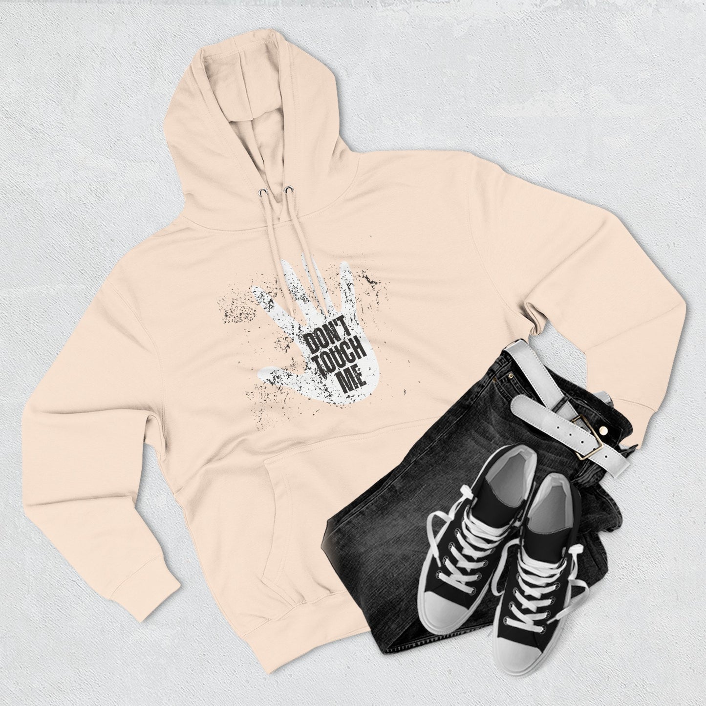 Stylish Three-Panel Fleece Hoodie, Cozy Wear, Graphic "DON'T TOUCH ME" Sweatshirt, Trendy Apparel, Casual Gift, Seasonal Layer