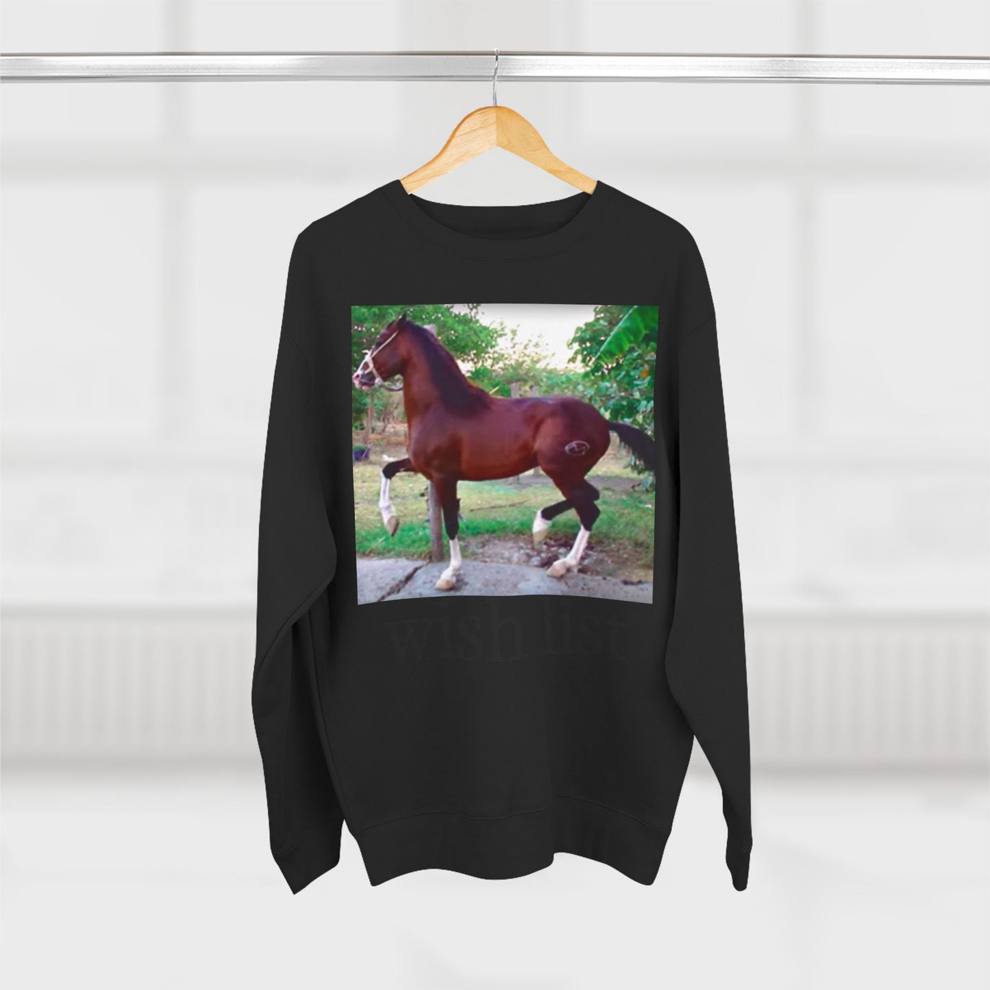 Whimsical Horse Sweatshirt for Animal Lovers, Cozy Crewneck, Gift for Equestrian Friends, Birthday Present, Funny Wish List Apparel