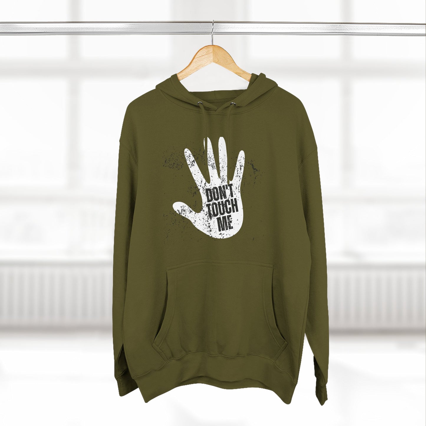 Stylish Three-Panel Fleece Hoodie, Cozy Wear, Graphic "DON'T TOUCH ME" Sweatshirt, Trendy Apparel, Casual Gift, Seasonal Layer