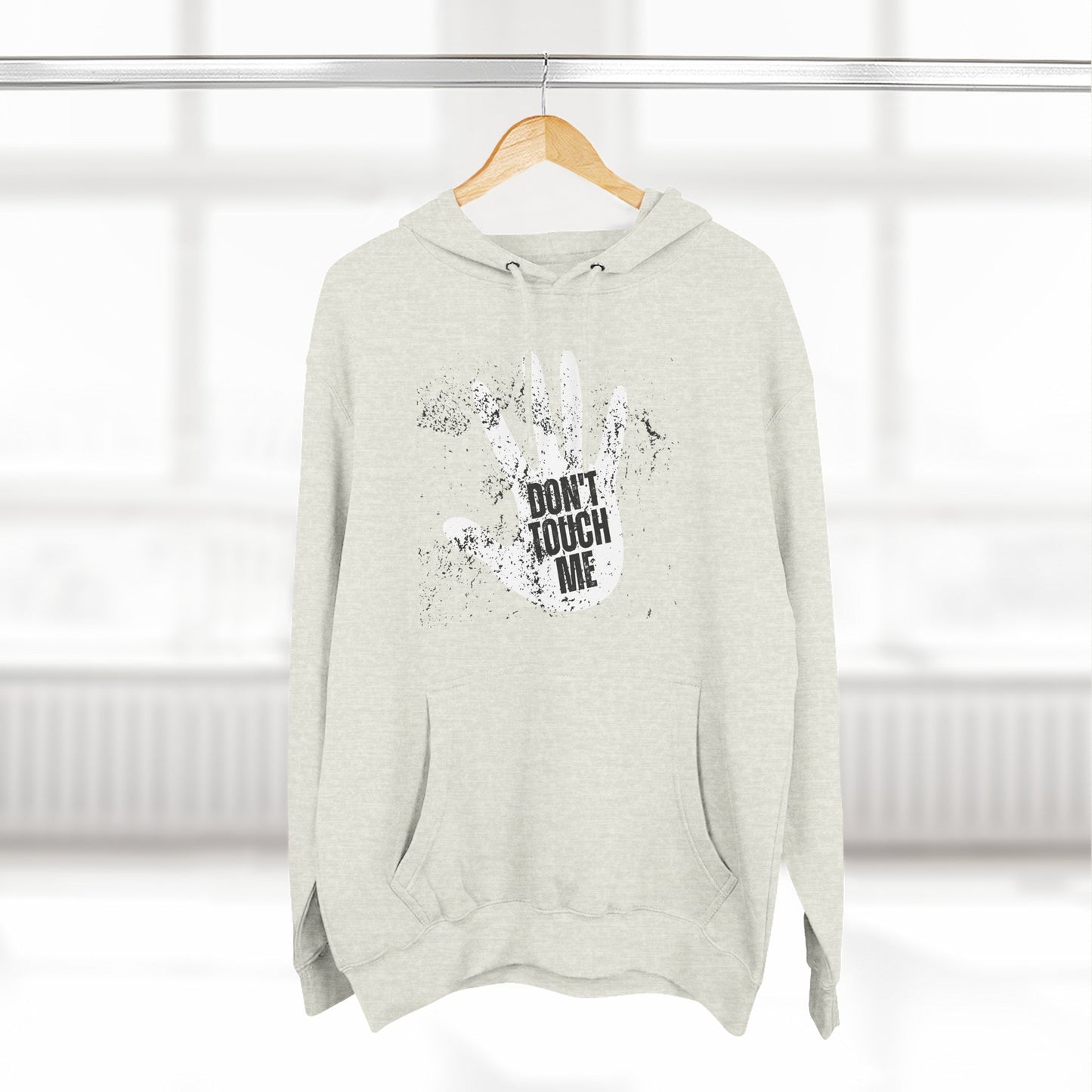 Stylish Three-Panel Fleece Hoodie, Cozy Wear, Graphic "DON'T TOUCH ME" Sweatshirt, Trendy Apparel, Casual Gift, Seasonal Layer
