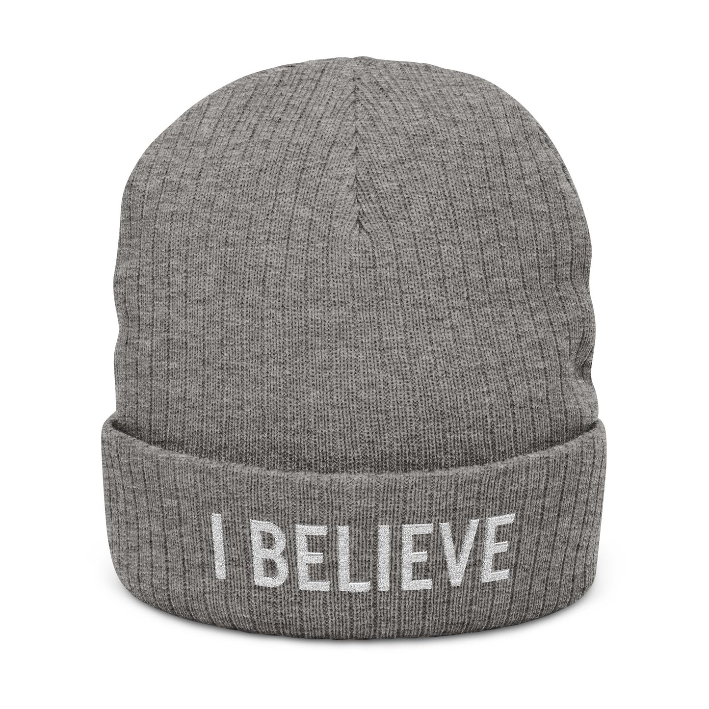 I Believe Ribbed Knit Beanie – Embroidered Cuffed Winter Hat