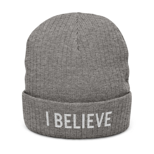 I Believe Ribbed Knit Beanie – Embroidered Cuffed Winter Hat