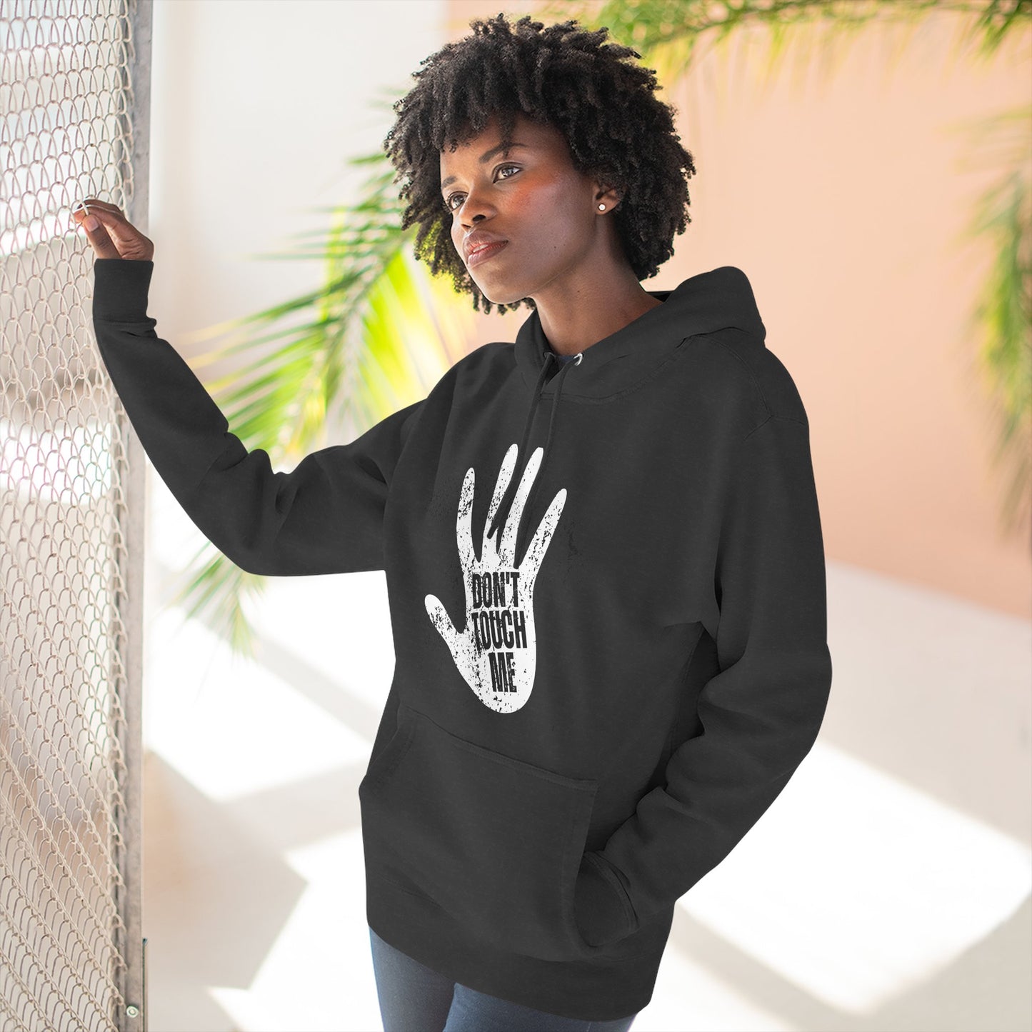 Stylish Three-Panel Fleece Hoodie, Cozy Wear, Graphic "DON'T TOUCH ME" Sweatshirt, Trendy Apparel, Casual Gift, Seasonal Layer