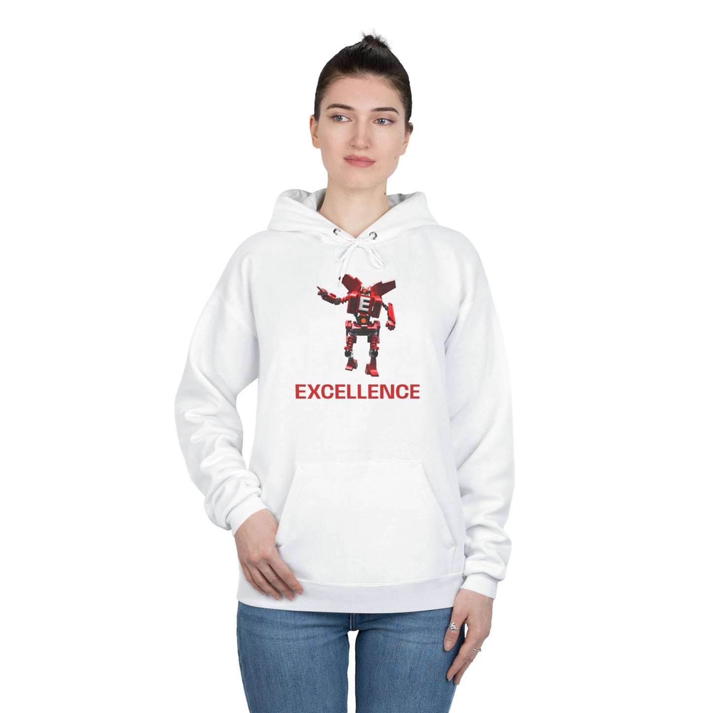 Excellence Hoodie — Minimalist Red Pixel Robot Graphic Pullover