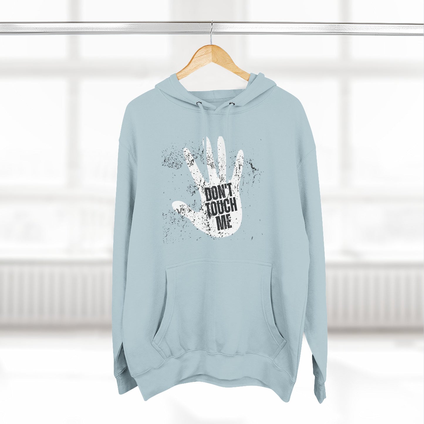 Stylish Three-Panel Fleece Hoodie, Cozy Wear, Graphic "DON'T TOUCH ME" Sweatshirt, Trendy Apparel, Casual Gift, Seasonal Layer