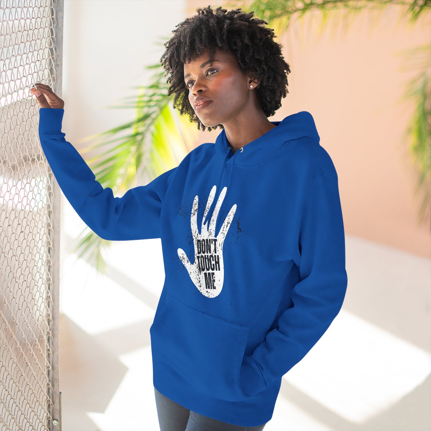 Stylish Three-Panel Fleece Hoodie, Cozy Wear, Graphic "DON'T TOUCH ME" Sweatshirt, Trendy Apparel, Casual Gift, Seasonal Layer