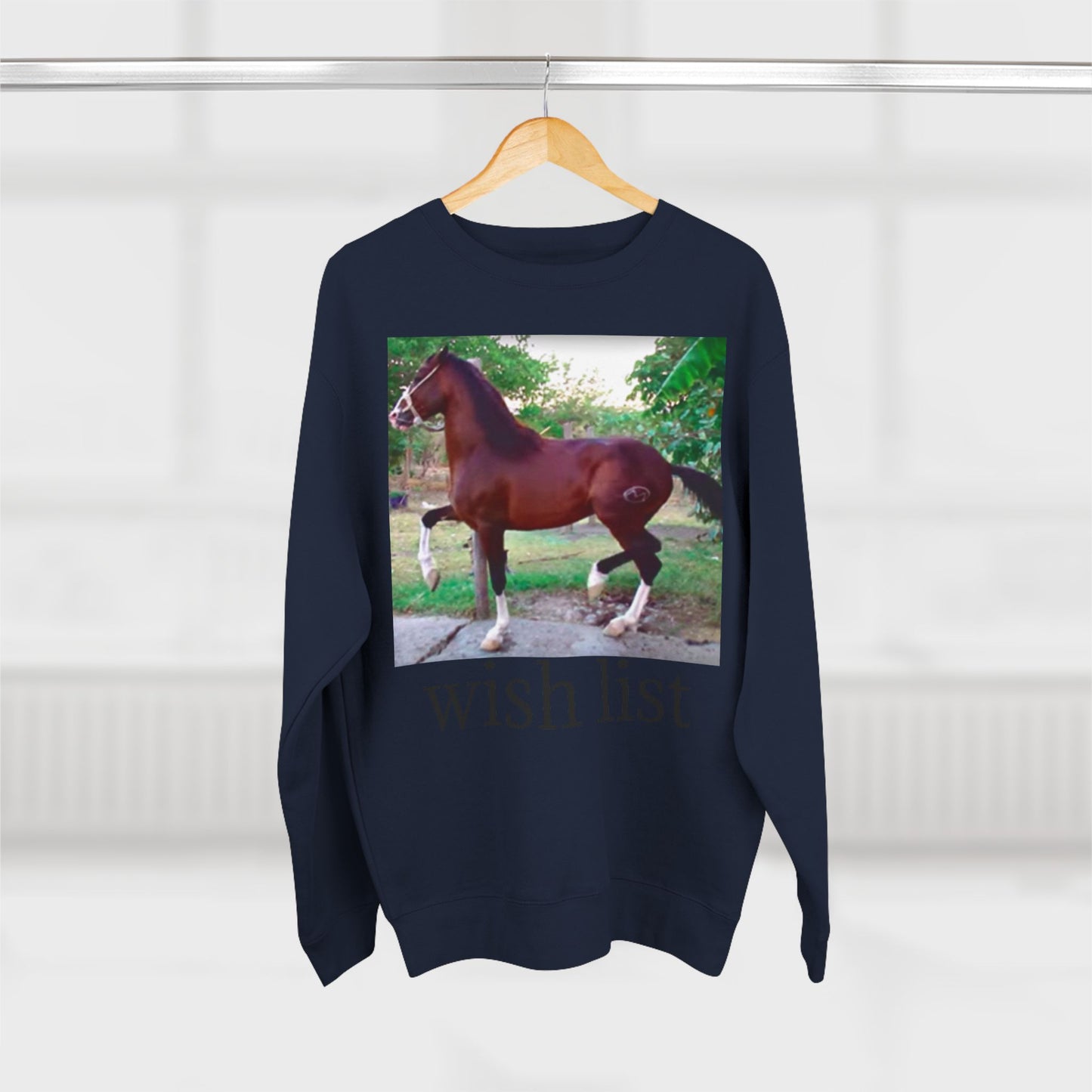 Whimsical Horse Sweatshirt for Animal Lovers, Cozy Crewneck, Gift for Equestrian Friends, Birthday Present, Funny Wish List Apparel