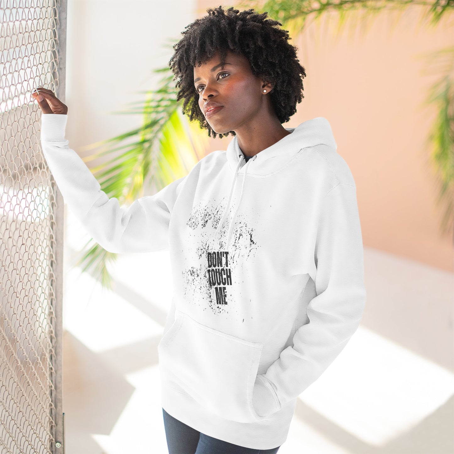 Stylish Three-Panel Fleece Hoodie, Cozy Wear, Graphic "DON'T TOUCH ME" Sweatshirt, Trendy Apparel, Casual Gift, Seasonal Layer