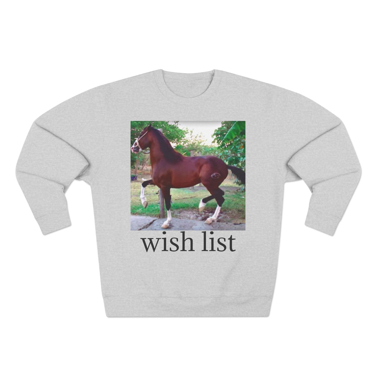 Whimsical Horse Sweatshirt for Animal Lovers, Cozy Crewneck, Gift for Equestrian Friends, Birthday Present, Funny Wish List Apparel