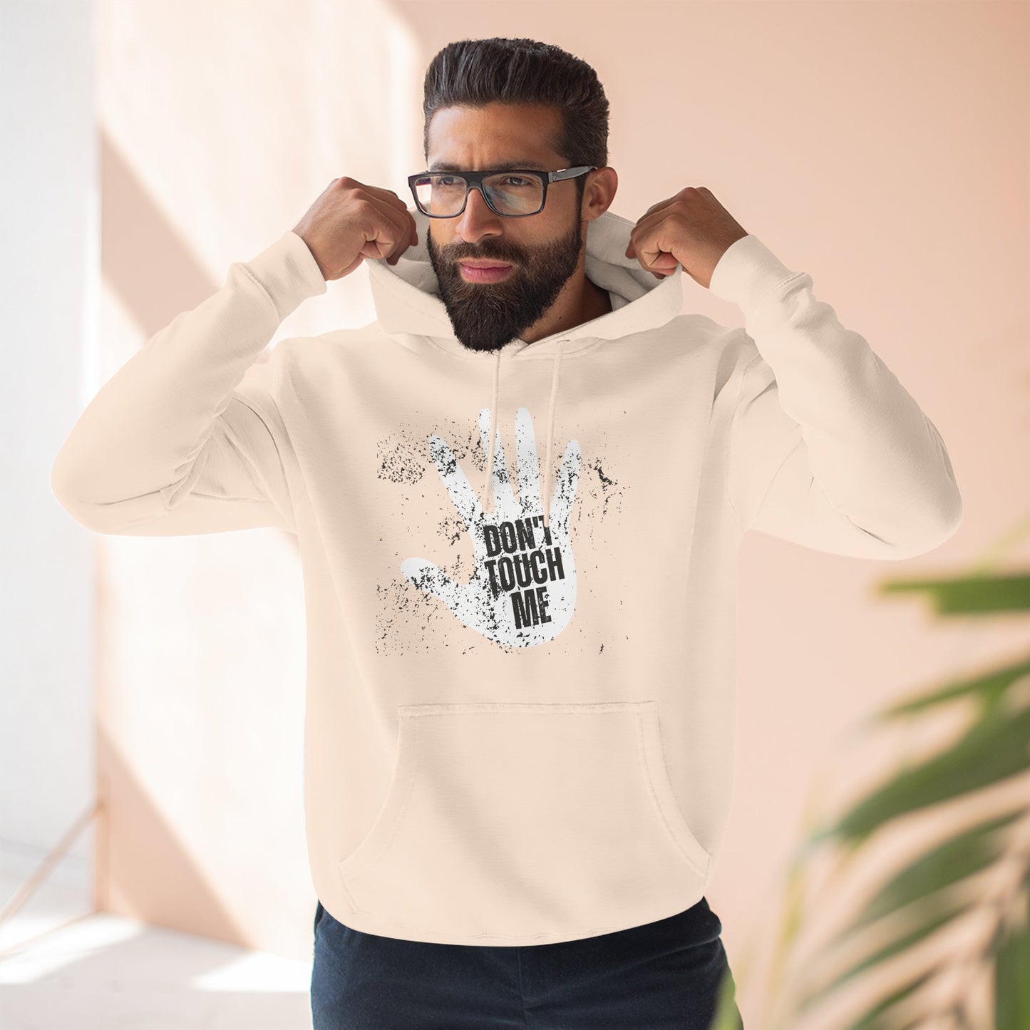 Stylish Three-Panel Fleece Hoodie, Cozy Wear, Graphic "DON'T TOUCH ME" Sweatshirt, Trendy Apparel, Casual Gift, Seasonal Layer