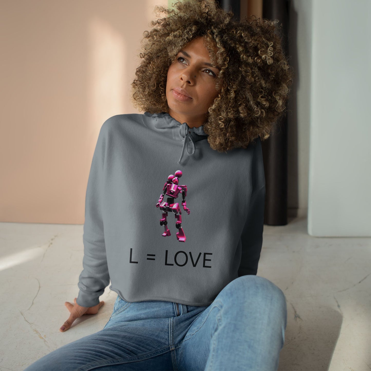 Love Robot Crop Hoodie, Fun Casual Wear, Gifts for Her, Cute Street Style, Trendy Outfit, Slouchy Fashion