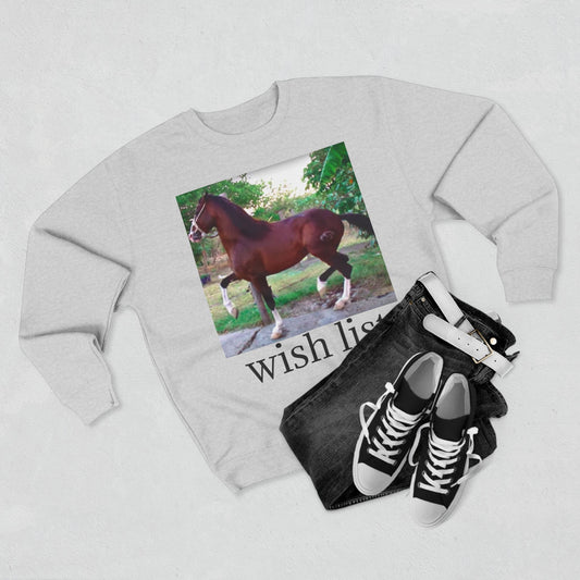 Whimsical Horse Sweatshirt for Animal Lovers, Cozy Crewneck, Gift for Equestrian Friends, Birthday Present, Funny Wish List Apparel