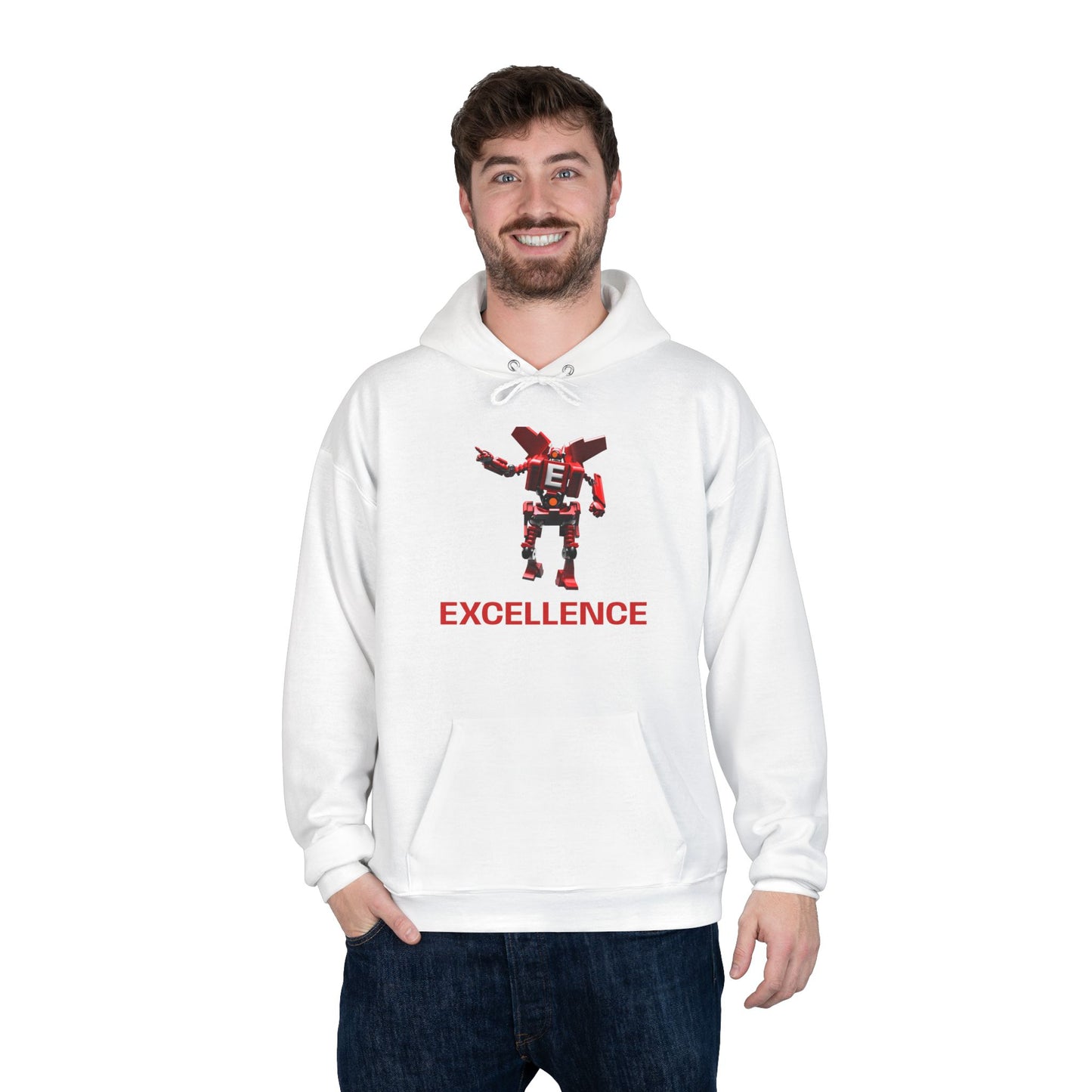 Excellence Hoodie — Minimalist Red Pixel Robot Graphic Pullover