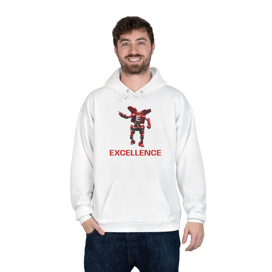 Excellence Hoodie — Minimalist Red Pixel Robot Graphic Pullover