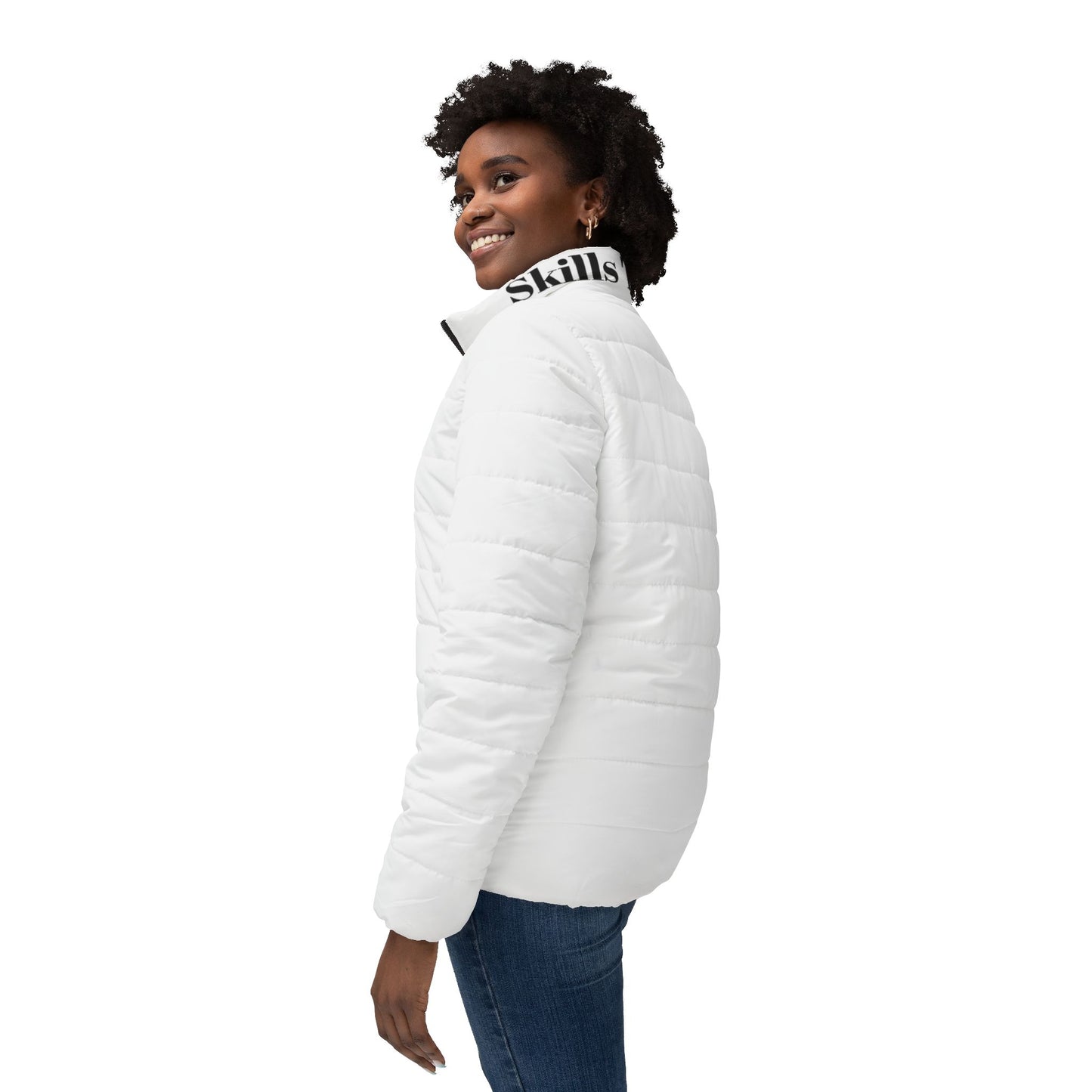 Skills Tutelage's women’s Puffer Jacket — Minimal White Quilted Coat with Branded Collar