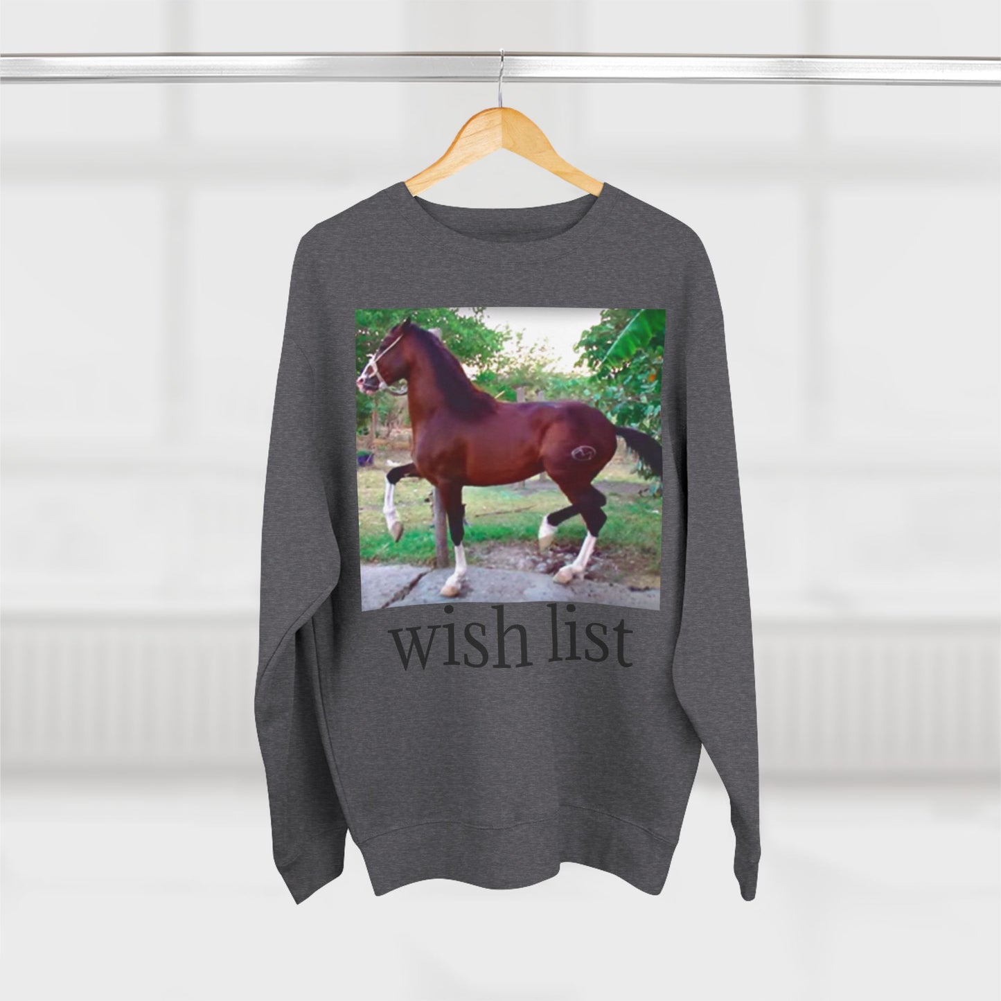 Whimsical Horse Sweatshirt for Animal Lovers, Cozy Crewneck, Gift for Equestrian Friends, Birthday Present, Funny Wish List Apparel