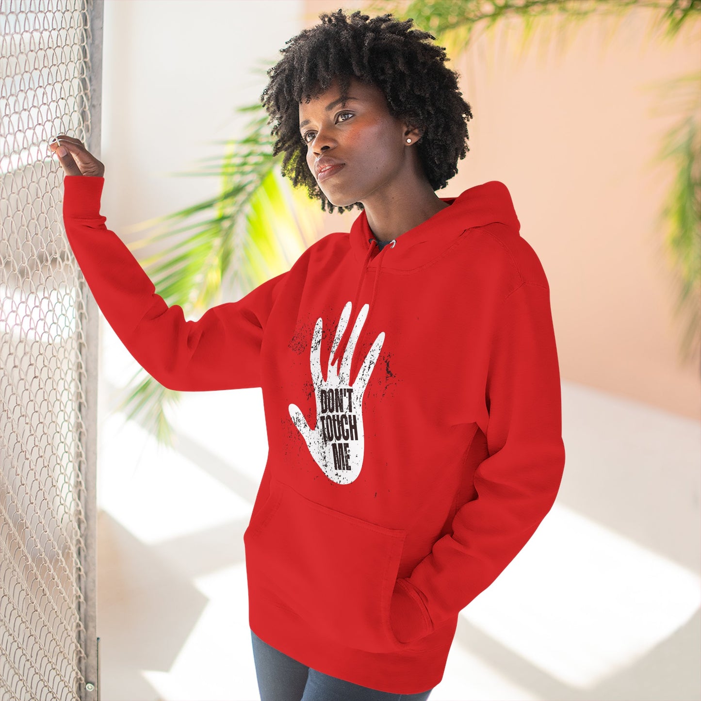 Stylish Three-Panel Fleece Hoodie, Cozy Wear, Graphic "DON'T TOUCH ME" Sweatshirt, Trendy Apparel, Casual Gift, Seasonal Layer