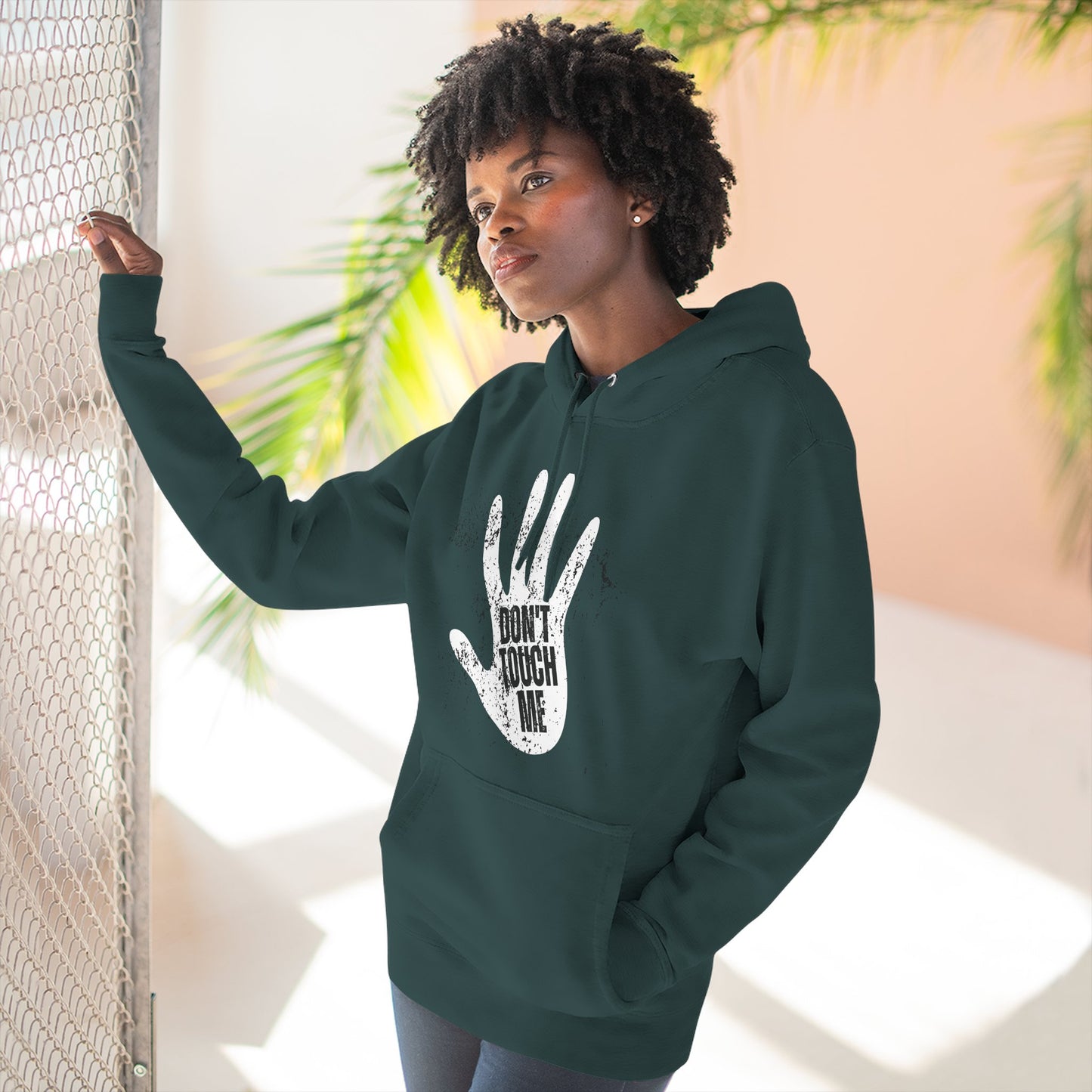 Stylish Three-Panel Fleece Hoodie, Cozy Wear, Graphic "DON'T TOUCH ME" Sweatshirt, Trendy Apparel, Casual Gift, Seasonal Layer