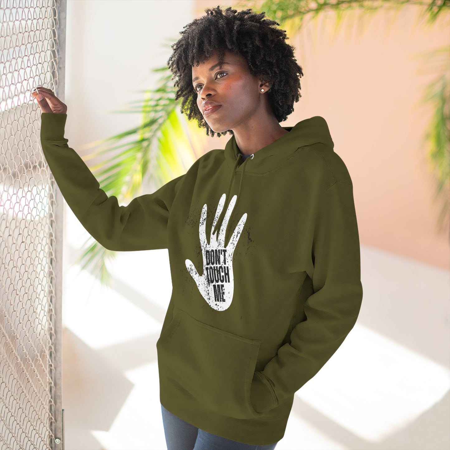 Stylish Three-Panel Fleece Hoodie, Cozy Wear, Graphic "DON'T TOUCH ME" Sweatshirt, Trendy Apparel, Casual Gift, Seasonal Layer
