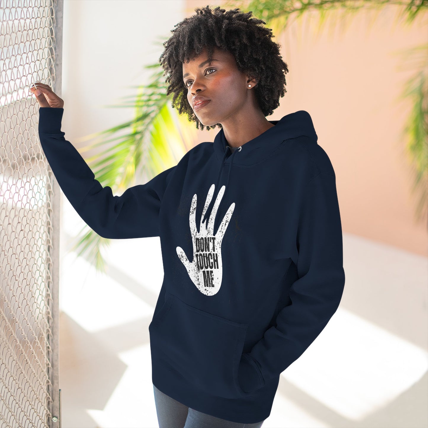 Stylish Three-Panel Fleece Hoodie, Cozy Wear, Graphic "DON'T TOUCH ME" Sweatshirt, Trendy Apparel, Casual Gift, Seasonal Layer