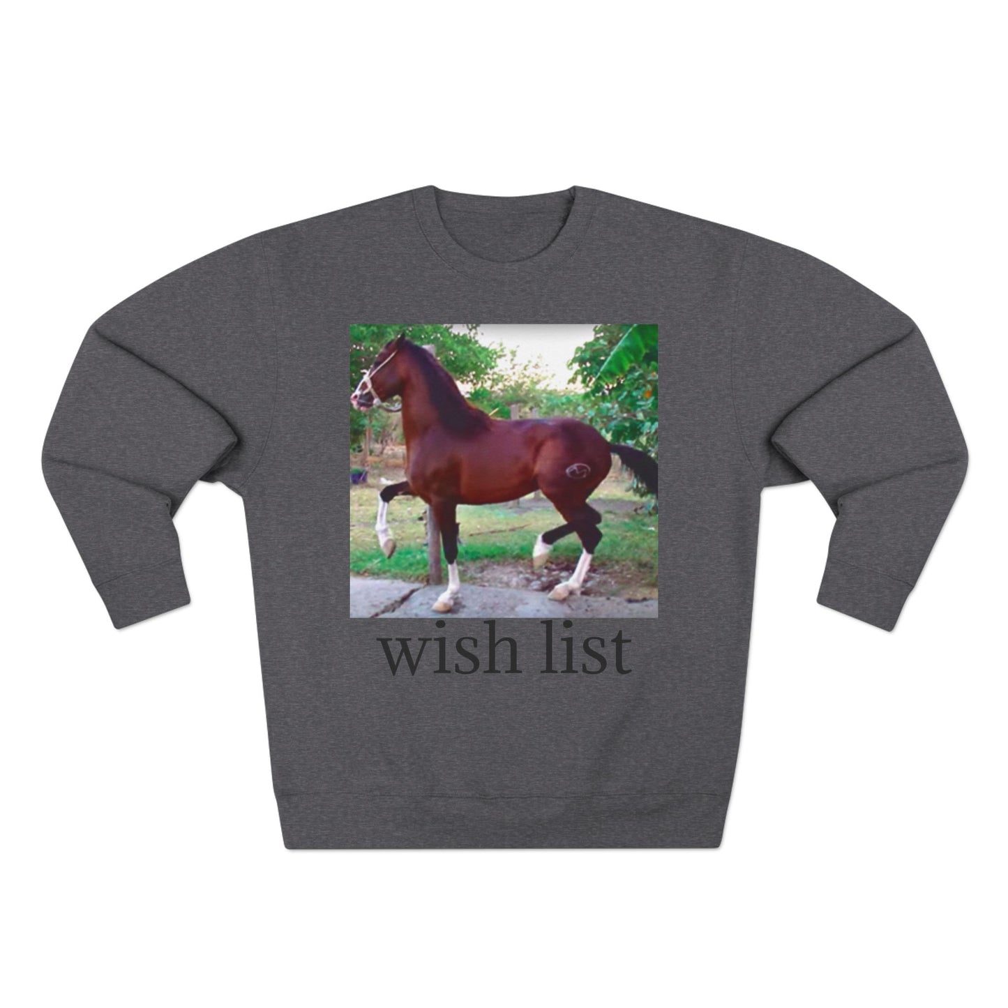 Whimsical Horse Sweatshirt for Animal Lovers, Cozy Crewneck, Gift for Equestrian Friends, Birthday Present, Funny Wish List Apparel
